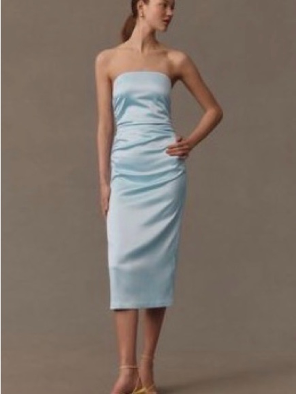 BHLDN Strapless Satin Midi Dress in Pale Blue
